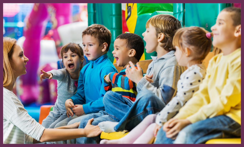 a group of diverse children holding hands and dancing and singing in a circle